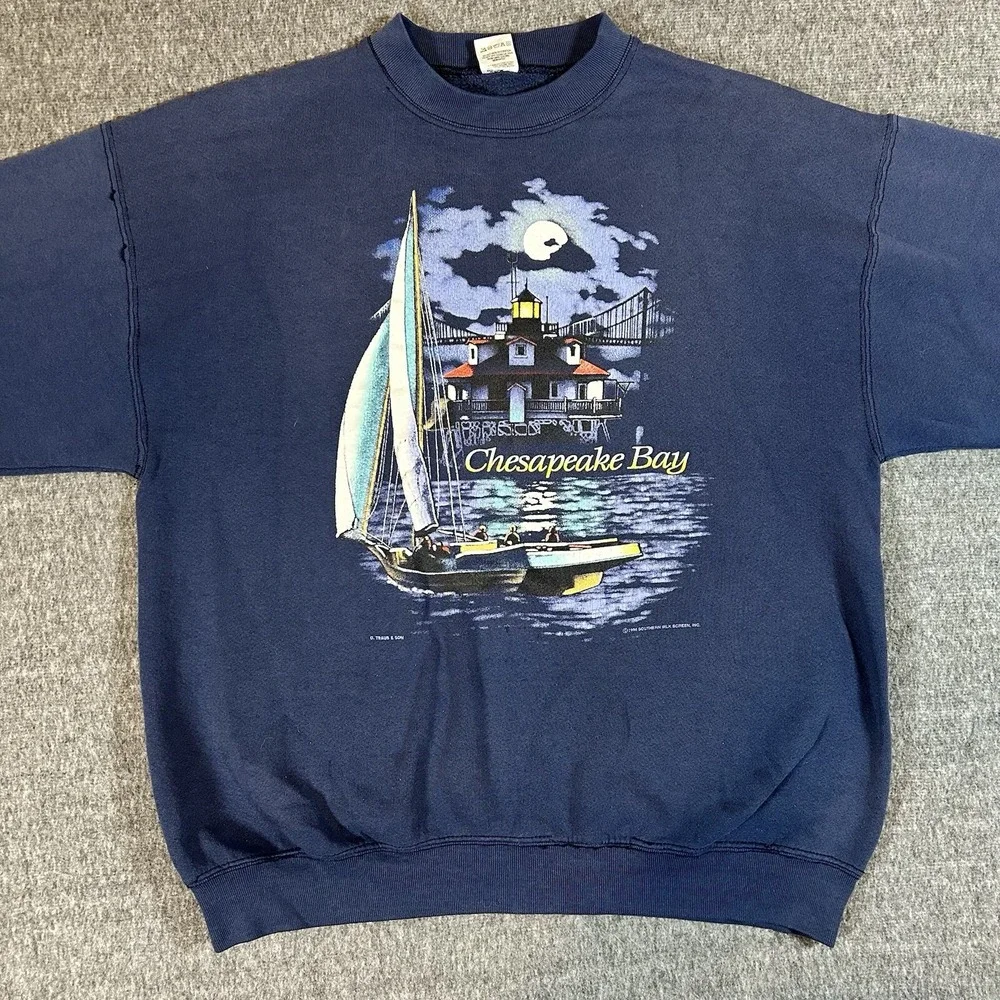 Vintage 1994 Chesapeake Bay Mens XL Blue Graphic Logo Sweatshirt Long Sleeve USA - Picture 1 of 11